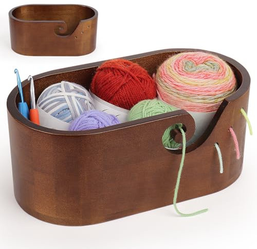 Coopay Elliptisch Garnschale mit Groß Kapazität, Supergroß Wollschüssel aus Holz, Handgefertigt Holz Strickschale für Wolle, Glatte Holzgarnschale für Häkel- und Strickprojekt, 28,5x15,5x15cm