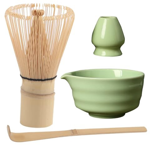 WDKXCN 4Pcs Matcha Tea Set, Matcha Whisk Set, Matcha Set Kit, Matcha Kit, with 450ml Ceramic Matcha Bowl with Spout, Matcha Whisk Stand, Matcha Whisk and Matcha Spoon for Tea Lovers