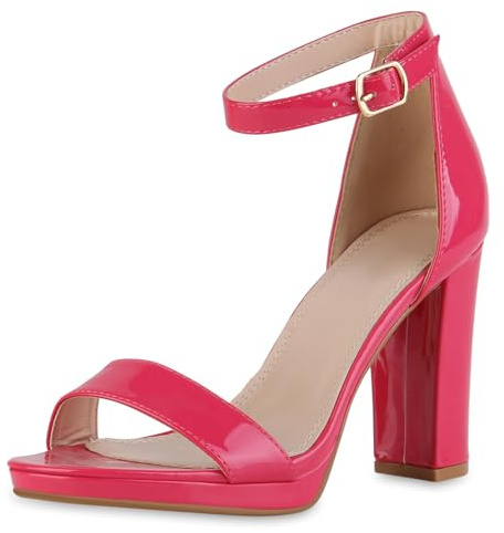 VAN HILL Damen Klassische Sandaletten Blockabsatz Lack Klassisch Schuhe 216217 Fuchsia Lack 36