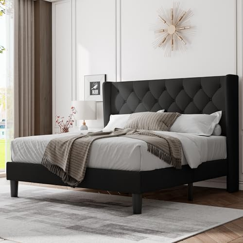 Feonase Bettrahmen in voller Größe mit gepolstertem Flügel-Kopfteil, getuftetes Plattformbett und robuste Holzlattenstütze, einfache Montage, geräuschfrei, kein Boxspringbett erforderlich, Schwarz