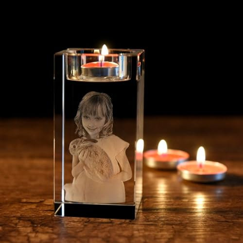 Qijundian Portavelas con foto 3D personalizada, cristal 3D grabado con láser, portavelas de cristal grabado, vela conmemorativa, regalo de retrato personalizado (5 x 5 x 12 cm)