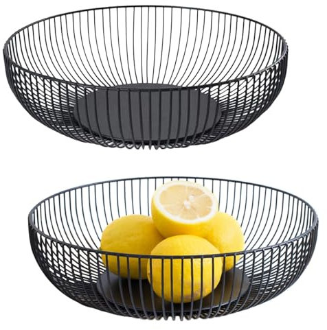 HTRTRR Obstschalen aus Metall 2 Stück, 28 cm x 8 cm, Seicht Obstkorb aus Eisen, Schwarz matt, Rund, Modern Design, Aufbewahrung für Gemüse Obst Brot