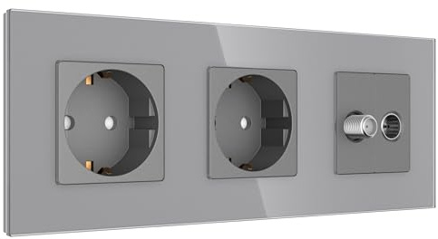 PULSAR Antennendose/2x Steckdose Unterputz Glas Grau 3-Fach, Sat/Kabel Dose | Antennendose mit 2x Steckdose Unterputz 3-Fach Glas Grau - Sat-Kabeldose für TV Kabelfernsehen & Satelliten 228 x 86mm