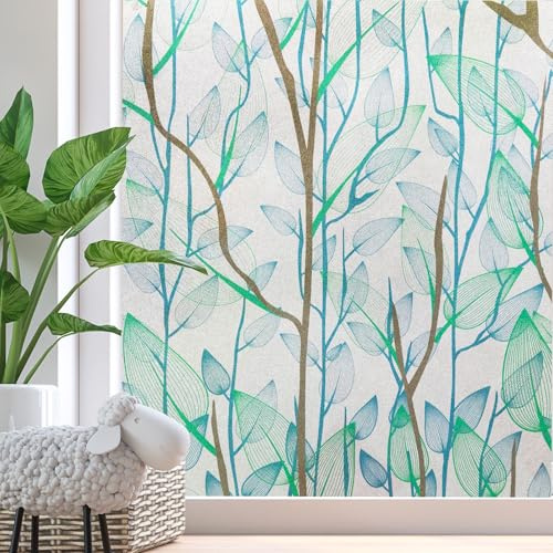 Zindoo Fensterfolie Blickdicht Blätter Sichtschutz 59.5x200cm | Statisch haftend ohne Kleber, UV-Schutz und Sichtschutzfolie für Badezimmer, Wohnzimmer, Schlafzimmer, Büro und Türen