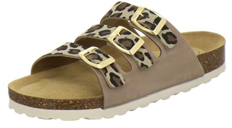 AFS-Schuhe 2133, Flache Sandalen Damen Leder Pantoletten, bequem Sommer Fußbett und Schnalle (40 EU, Leo-beige)