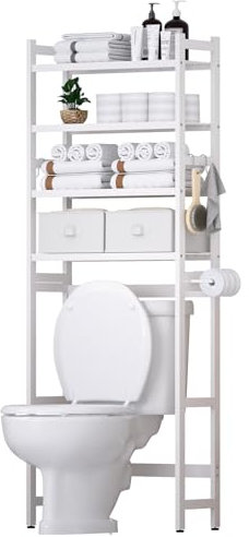 Yorbay 4-stufiges Bambus Toiletten Regal mit 2 Körben, 4 Haken und Wasserdichten Fußpads, Freistehende über die Toilette Regal für das Badezimmer (Weiß)