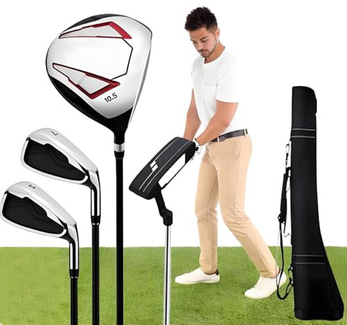 Set Completo di Mazze da Golf, Set di Mazze da Golf per Mano Destra, 4 Pezzi Include Driver da Golf in Titanio, Ferri 7/S, 1 legni da Fairway e Putter, con Sacca da Golf, per Golfisti da Uomo Sport A