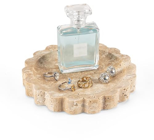 Natural Travertine Scalloped Edge Tray, 6.3 Marble Ring Dish Jewelry Trinket Tray for Counter Dresser Nightstand, Home Decoration, Bathroom, Beige Travertine