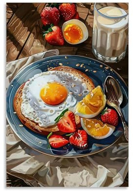 ZZXYHM Essen-Poster mit Frühstück mit Spiegeleiern und Toast, Obst, Saft, Wandkunst, dekoratives Gemälde, Wandbild, moderne Dekoration, hängendes Kunstposter, 20 x 30 cm