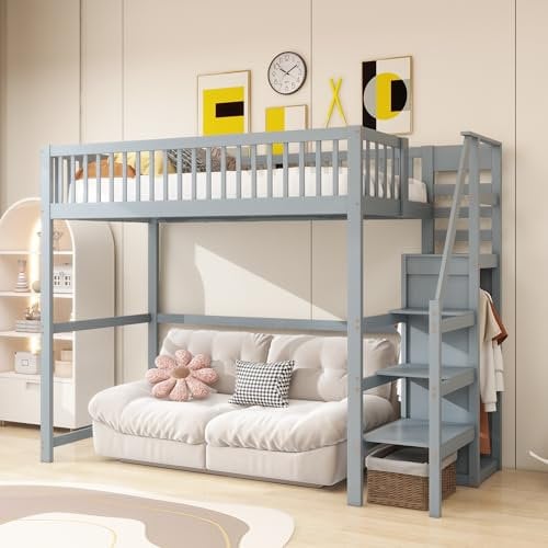 KAZZIO Letto a soppalco con scale, 90 x 200 cm, in legno con scaffalatura, semplice armadio grigio