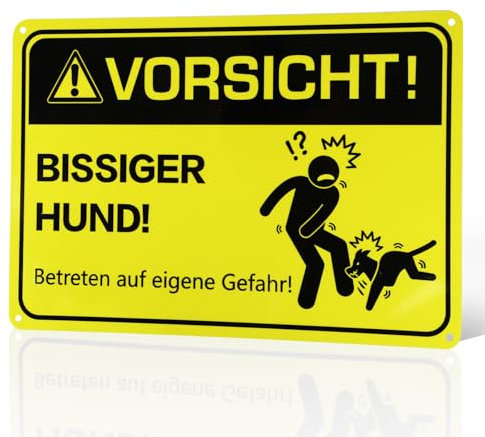 Vorsicht Bissiger Hund Schild, 30x20cm Bissiger Hunde Warnschilder, Achtung Hund Schilder mit Vorgebohrten Löchern, Hundeschilder Warnung Reflektierendes, Vorsicht Hund Schild Aluminium Platte(Gelb)