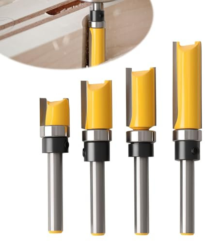 4-Piece Shank Flat Flush Trim Router Bits 1/4 Shank Set, Professional Woodworking Template Cutter with Bearing, Solid Tungsten Steel for Edge, Groove, 3D Corner Processing