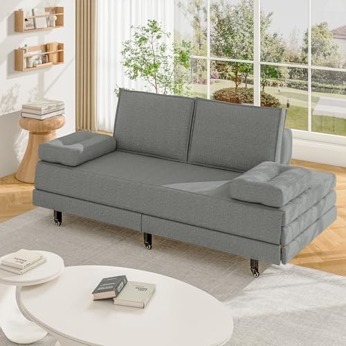Schlafsofa, ausklappbar, 2-Sitzer, 90/180 x 200 cm, mit gepolsterter Rückenlehne, klappbarer Matratze, Stoff in Leinenoptik, ausziehbare Bank, ideal für Wohnzimmer & Gästezimmer (Grau)