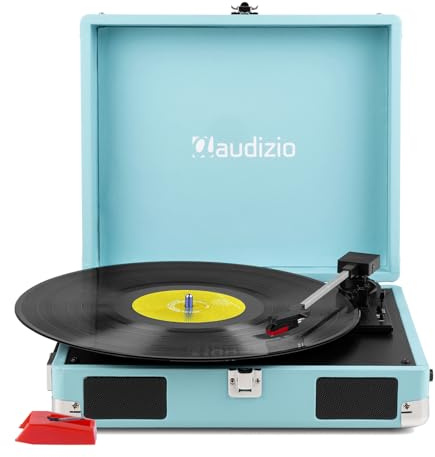 Audizio RP111BL Briefcase Record Player Bundle with Built-In Speakers, Retro Blue Design, USB-C Power, 3-Speed Turntable, Auto Stop & Replacement Stylus