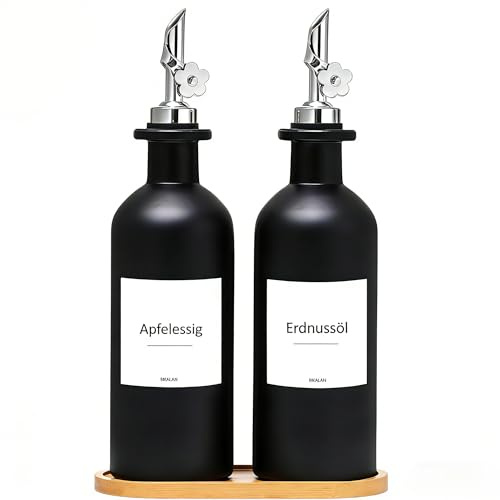 BIKALAN Essig und Ölflaschen Set, 350ml x 2 Ölflasche, Olivenöl Flasche Set, Ölspender, Automatisches Öffnen und Schließen Olivenöl Flasche, Sirup Spender mit 40 Aufkleber, Trichter (Silber, 500ml)