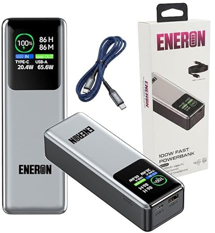 Eneron Tower Powerbank 100W Laptop Ladegerät, 20000mAh (74Wh) Externer Akku mit USB-C PD 3.0, Ultra-Schnellladen für MacBook Pro/Air, iPhone 15/14, Samsung S24, iPad & Dell XPS – Kompaktes