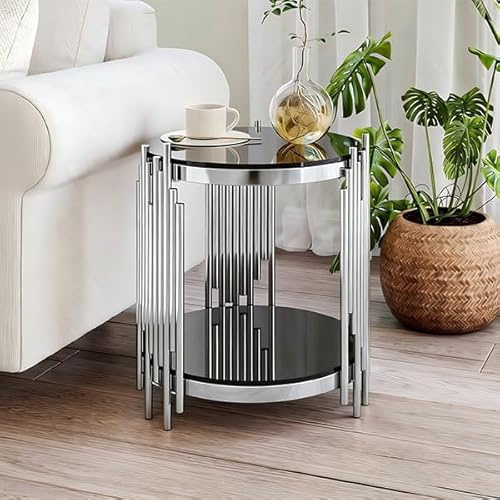 FammyLoft Couchtisch mit Zweistufiges Speicherdesign, Modern Rundglas CoffeeTable mit Silber Edelstahl Rahmen, Kaffeetisch mit Gehärtetes Glas Konstruktion, Center für Wohnzimmer/Balkon/Schlafzimmer