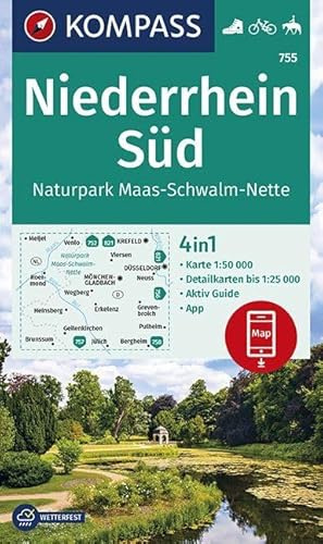 KOMPASS Wanderkarte Niederrhein Süd, Naturpark Maas-Schwalm-Nette: 4in1 Wanderkarte 1:50000 mit Aktiv Guide und Detailkarten inklusive Karte zur ... in der KOMPASS-App. Fahrradfahren. Reiten.