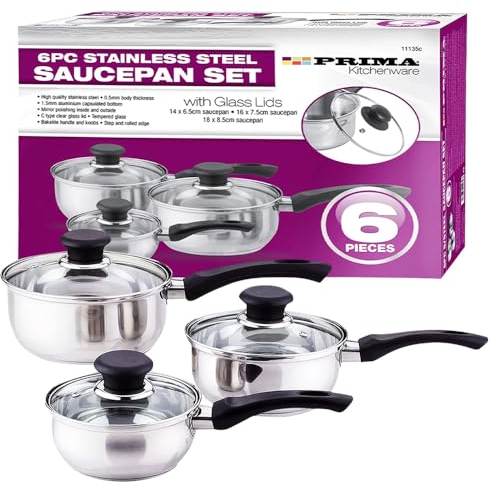 3pc Prima Stainless Steel Cookware Set – Includes Saucepan, Pan, Pot | Essential Cooking Kitchen Set with Glass Lids & Sturdy Handles | Mirror Polish, Bakelite Handles & Knobs, Suitable for Milk