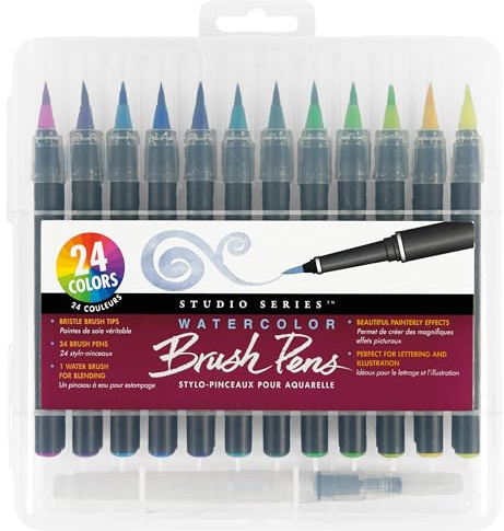 Studio Series Watercolor Brush Marker Pens (set of 24, plus bonus water brush), Great for Hand Lettering, Callgraphy, Manga, Comics, Adult Coloring Books, Journals and all DIY Drawing Art