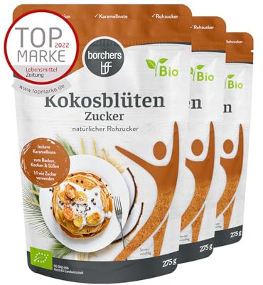 BORCHERS Kokosblütenzucker Bio, Kristalline Streusüße 3x 275 g, 1:1 wie Zucker, ohne Raffination, Karamellnote, Alternative zu Rohrzucker, Süßungsmittel