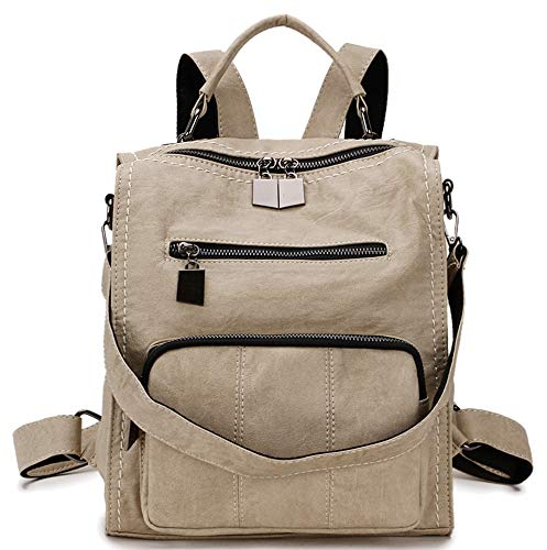 RAVUO Rucksack Damen Klein, PU Leder Kleiner Damen-Rucksackhandtaschen Mini Cityrucksack Wasserdichte Damenrucksäcke 2 In 1 Handtasche Beige