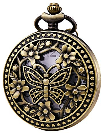 MORFONG Damen Taschenuhr Analog Quarzwerk mit Kette Jahrgang Steampunk Schmetterling Bronze
