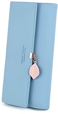RRANCharltu Portefeuille Femme Longue Porte-Cartes Porte-Monnaie à glissière avec Feuille Pendentif en PU Cuir, 10 Emplacements Cartes pour Cadeau de Noël Saint-Valentin (Bleu Clair)