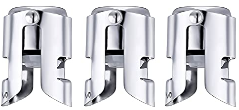 OWO Champagne Bottle Stoppers Stainless Steel, Reusable Champagne Cork & Saver Stopper, Leak Proof Prosecco & Sparkling Wine Plug, Bubble Retention Protection (Silver, 3 Pack)