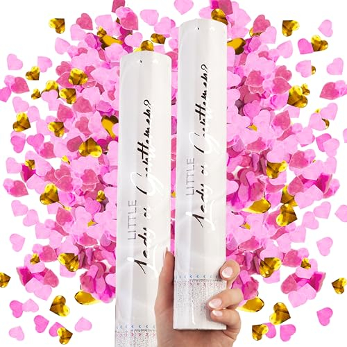 PrimePure Gender Reveal Konfettikanone – Herzförmige Konfettikanone – Rosa, 2 Stück – Herz Konfetti Kanonen für Geschlechtsverkündung Baby Mädchen