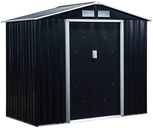 Outsunny 7 x 4ft Metal Garden Shed, Outdoor Storage Tool House with Ventilation Slots, Foundation Kit and Lockable Double Doors, Dark Grey