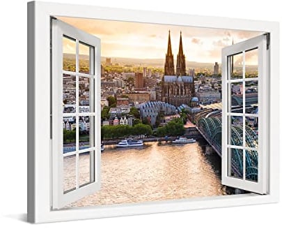 PICANOVA – Premium Leinwanddruck – Leinwandbild Köln Panorama Kölner Dom im Fenster 120x80cm – Kunstdruck Auf 2cm Holz-Keilrahmen Für Schlaf- Und Wohnzimmer – Kollektion Deutschland