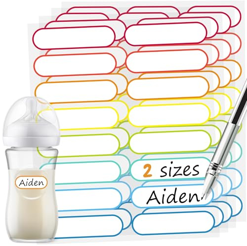 Baby Bottle Labels for Daycare, Self-Laminating, Waterproof Write-On Name Labels, Assorted Sizes & Colors, Pack of 80 (Rainbow)