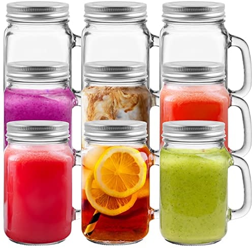 Yishik 16 oz Glass Mason Drinking Jars with Lids,9 Pack Reusable Mason Jars with Handle,480ml Glass Overnight Oats Jar,Beer Mugs for Smoothies,Preserve,Cocktails,Party Favors