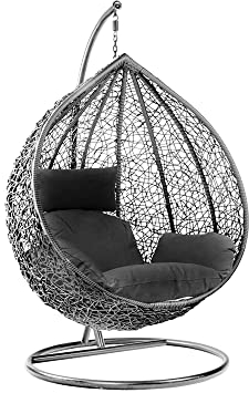 Egg Chair with Cushion Garden Swing Seat Hanging Egg Chair Indoor Outdoor Seating Garden Egg Chair with Sturdy Steel Frame Reading Chair Garden Patio Lounge Hanging Grey Chair Black Cushion