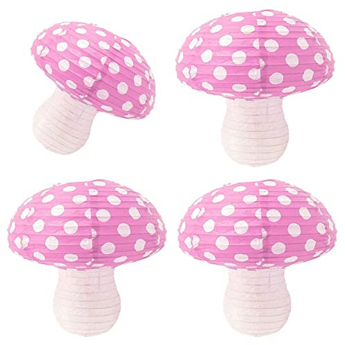 4Pcs Mushroom Shaped Paper Lanterns Hanging Mushroom Decoration Birthday Party Decor Cute Decoration for Jungle Wonderland Theme Party Garden Wedding Kids Room (Mushroom/Pink)