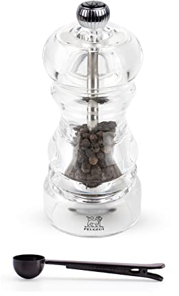 Peugeot - Nancy Manuelle Pfeffermühle aus Acryl – transparentes, verstellbares Mahlwerk Geschenk-Set – mit Edelstahl-Gewürzschaufel/Taschenclip, 11,9 cm