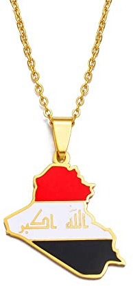 MTCDBD Republik Irak Karte Halskette Für Unisex Schmuck, Irak Karte Anhänger Mit Flagge Party Kleid Accessoires Ethno-Stil, Charm Patriotisches Symbol Halskette Geschenk, Gold, 60 cm Kette