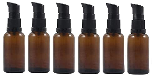 6 x 30 ml bernsteinfarbene Glas-Lotion-Flaschen, leer, nachfüllbar, Kosmetik, Make-up, Reisegröße, Pumpspender, Behälter für Aromatherapie, ätherische Öle, Hautpflege, Toilettenartikel