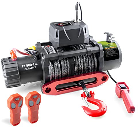 GRIPWAY 13500lb Waterproof Electric Black Synthetic Rope Winch with Hawse Fairlead, Wired Handle and 2 Wireless Remote