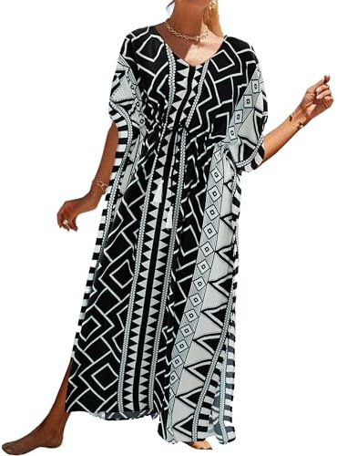 Bsubseach Kaftan Dresses for Women Bathing Suit Cover Up Loose Beach Caftan Coverups Vacation Outfit Geometric Pattern