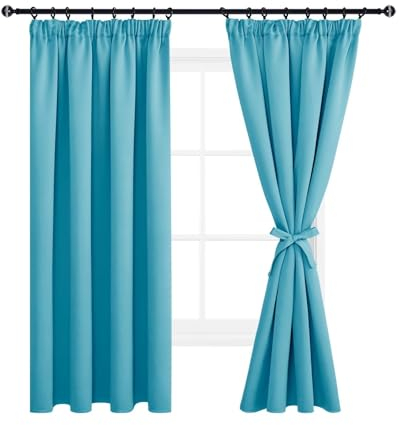 DWCN Vorhänge Wohnzimmer Blickdicht Kräuselband mit Vorhang-Krawatten, 2er Set H 175 x B 140 cm Vorhänge Dunkel Thermogardine Verdunkelung, Wärmeisolierend Thermovorhang für Schlafzimmer, Türkis
