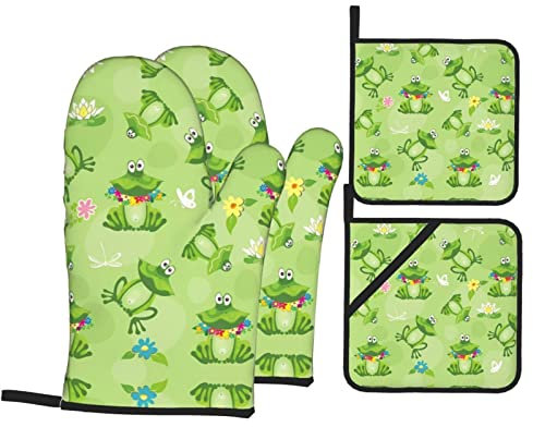 Ofenhandschuh und Topflappen, 4-teiliges Set mit Frosch-Muster, isolierte Baumwolle, zum Schutz der Hände vor heißen Utensilien