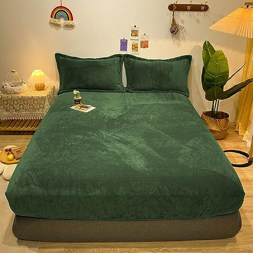 Warme Winter Spannbettlaken Bettlaken Fleece 140x200 Grün Salbeigrün Flausch Cashmere Touch Teddy Plüsch Flanell Kuschelige Flauschige Bett Spannbetttuch für Boxspringbett Topper 30 cm Hohe Matratzen
