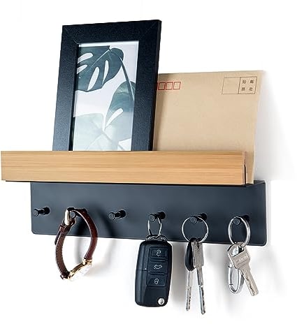 Plaque à clés en bois avec étagère - Porte-clés avec 6 crochets - Pour entrée, couloir, cuisine
