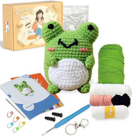 Ktmeor Häkelset für Anfänger, Häkeltier-Set für Anfänger, Häkel-Starter-Set mit Schritt-für-Schritt-Video-Tutorials, DIY-Strickzubehör für Erwachsene und Kinder, 40% extra Übungsgarn, Frog