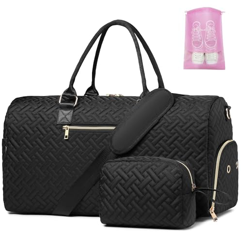 Sporttasche Reisetasche Damen, Kliniktasche Geburt Weekender Saunatasche Damen Groß Handgepäck Tasche mit Kulturtasche Schuhfach und Nassfach for Weekend Travel, Schwarzes Gold