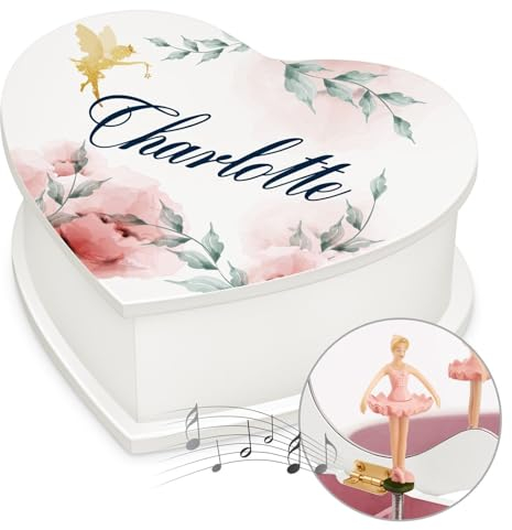 Maverton personalisierte Musikschmuckdose in Herzform mit Aufzieh-Spieluhr - Schmuckkästchen Ballerina Spieldose - Herz Schmuckkiste für Mädchen zur Taufe Erstkommunion - zu Weihnachten - Fee