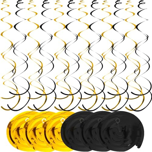 36 Stück Hängend Wirbel Dekoration, Schwarz Gold Deckenhänger Hängende Wirbel, Wirbel Deko Spiralen Girlande Folien Deckenhänger für Geburtstagsfeier, Hochzeit, Party, Weihnachten