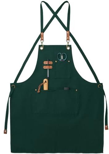 FunChaos Verde Grembiuli in Tela, Lavoro Grembiuli per Uomini e Donne, Regolabile Grembiuli da Cuoco con 3 Tasche, Grembiule per Servire Cucina, Cottura, Pittura, Artista, Croce Posteriore